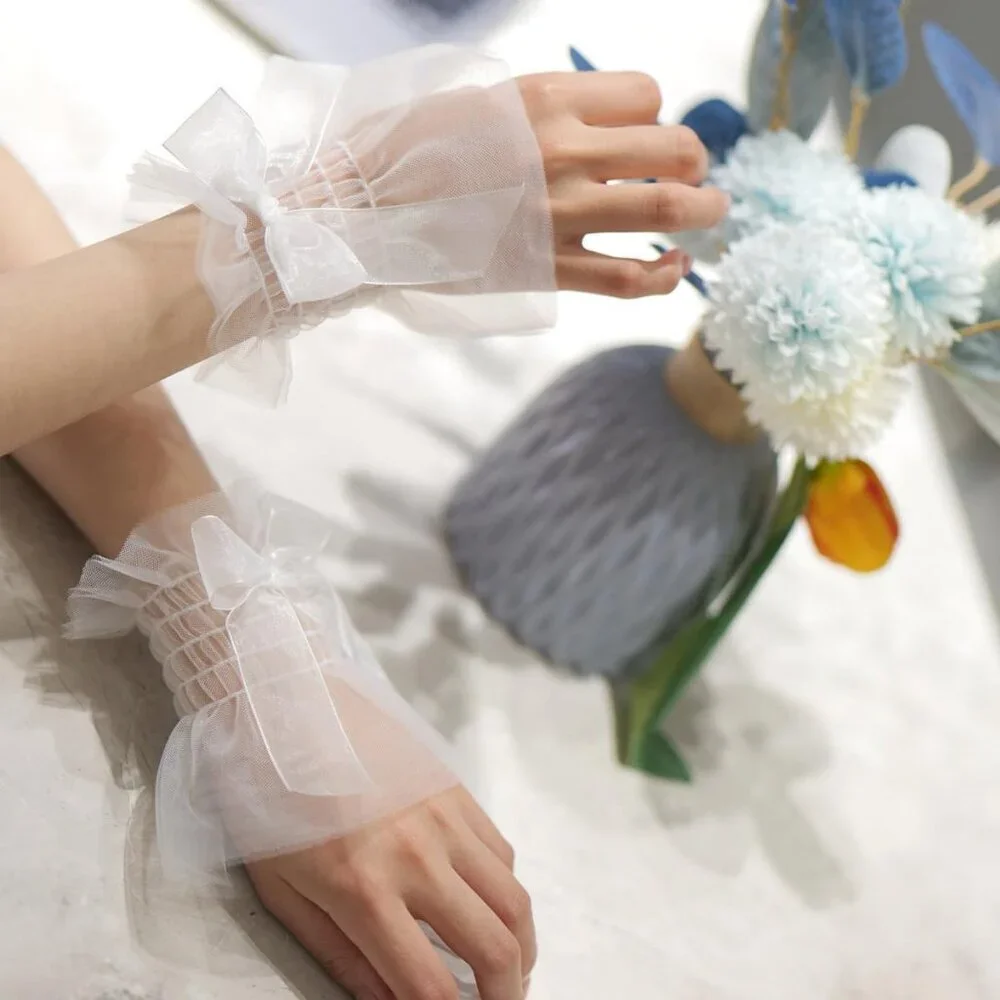 Women's Bow Lace White Wrist Cuff Hand Sleeve Gloves Wedding Party Decoration